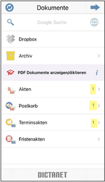 Importierte Akten im Dokumentenbereich der DictaNet App