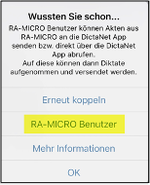 Anzeige der Benutzerdaten in der DictaNet App