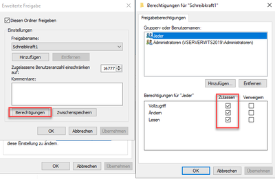 freigegebenem Ordner Schreibrechte zurodnen