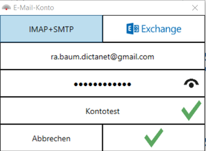 Zugangsdaten für E-Mail-Konto in DictaNet Office eingeben und testen